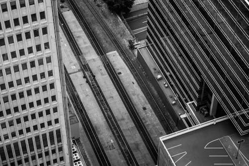 Free Grayscale Photo of a Road in the Middle of a City Stock Photo