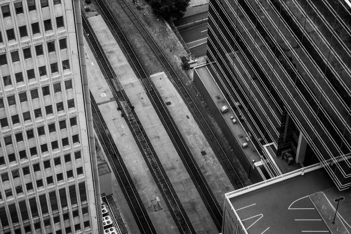 Grayscale Photo of a Road in the Middle of a City