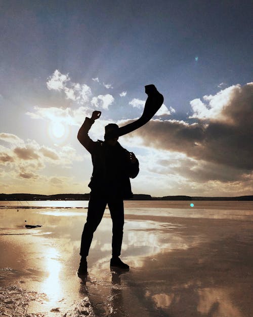 Silhouette of Person Standing on Seashore during Sunset