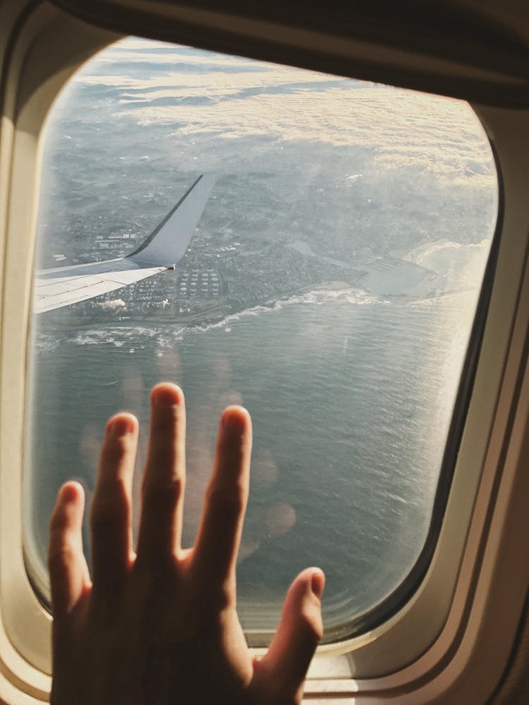 Person's Left Hand On Airplane Window