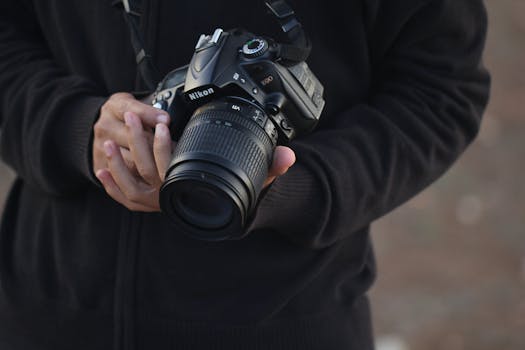A detailed view of a photographer holding a DSLR camera in Morocco.