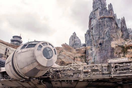 Milennium Falcon at Star Wars Galaxy's Edge, Orlando's iconic sci-fi attraction.