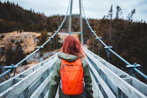 Back view of anonymous female in warm clothes with backpack walking on bridge near forest trees under cloudy sky