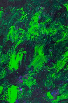 A dynamic abstract artwork featuring vibrant green brushstrokes in acrylic paint on canvas.