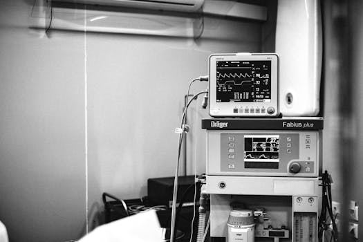 Black and white photo of a Fabius anesthesia workstation in a hospital environment.