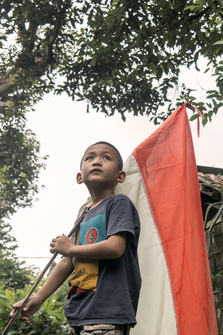 Boy Carrying A Flag On His Shoulder 