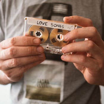 Close-up of hands holding retro cassette labeled 'Love Songs', capturing nostalgic vibes.