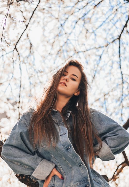 Free Low angle of young serious female in denim coat standing under blooming Oriental cherry and looking at camera Stock Photo