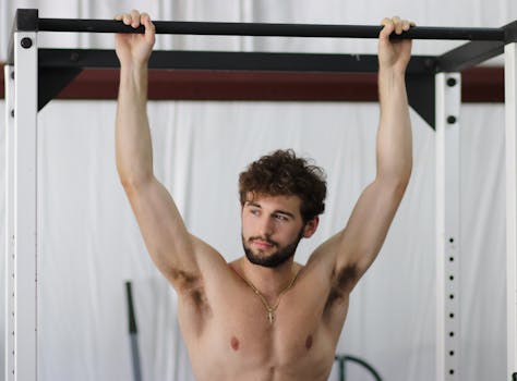 A shirtless man with curly hair performs pull-ups in a gym, showcasing fitness strength and concentration.