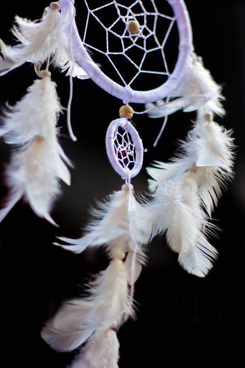 Free Close-up of a traditional dreamcatcher with feathers on a black background. Stock Photo