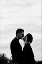 一对情侣在户外接吻的浪漫黑白剪影