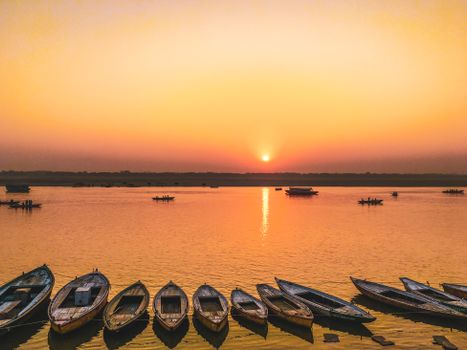 Dawn Ganges boat with a priest — Varanasi