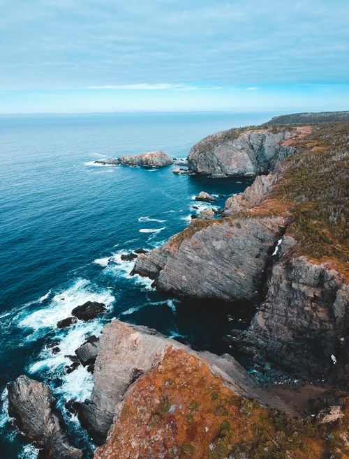 Free From above amazing view of calm azure seawater near rough stony shore covered with dry grass Stock Photo