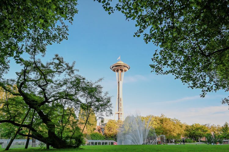 The Famous Space Needle Under Blue Sky In Seattle Washington, United States