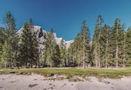 蔚蓝天空下，山间森林的宁静景象非常适合自然爱好者