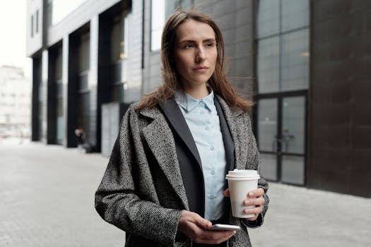 Young woman stands holding coffee and phone in front of modern building.