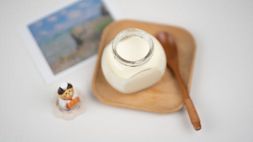 From above arrangement of fresh milk yogurt in glass jar placed on wooden saucer near funny cat figurine and blurred photo of nature