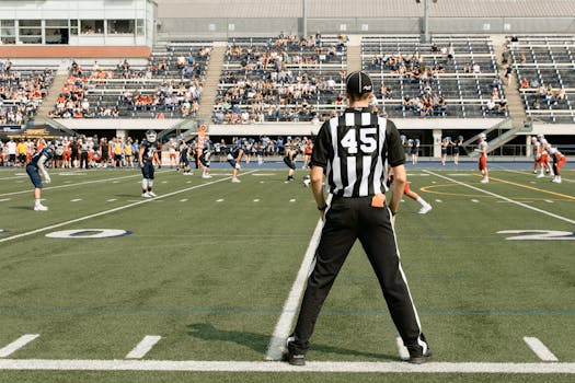 在加拿大多伦多的一个体育场，裁判和球员正在进行一场美式足球比赛