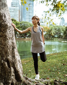 Athletic woman stretches by a tree in a sunny urban park near a lake.