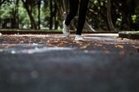Anonymous person in white sneakers jogging in park