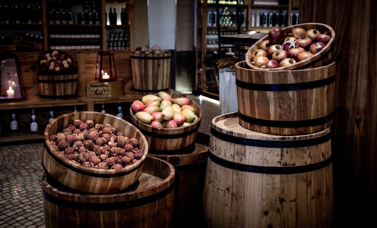 Rustic wooden barrels in a classic general store setting