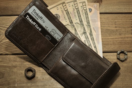 Brown leather wallet open with Tinkoff Bank cards visible alongside US dollars.