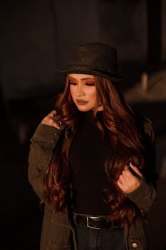 Dreamy female with long eyelashes in stylish outfit looking away on city street in evening