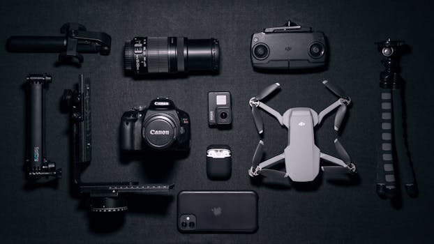 Aerial view of various photography and drone gadgets on a black surface.