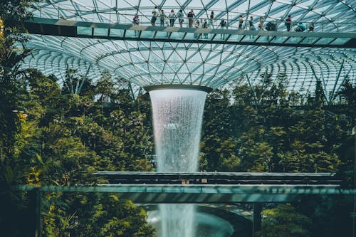 Fast waterfall in orangery in Singapore airport