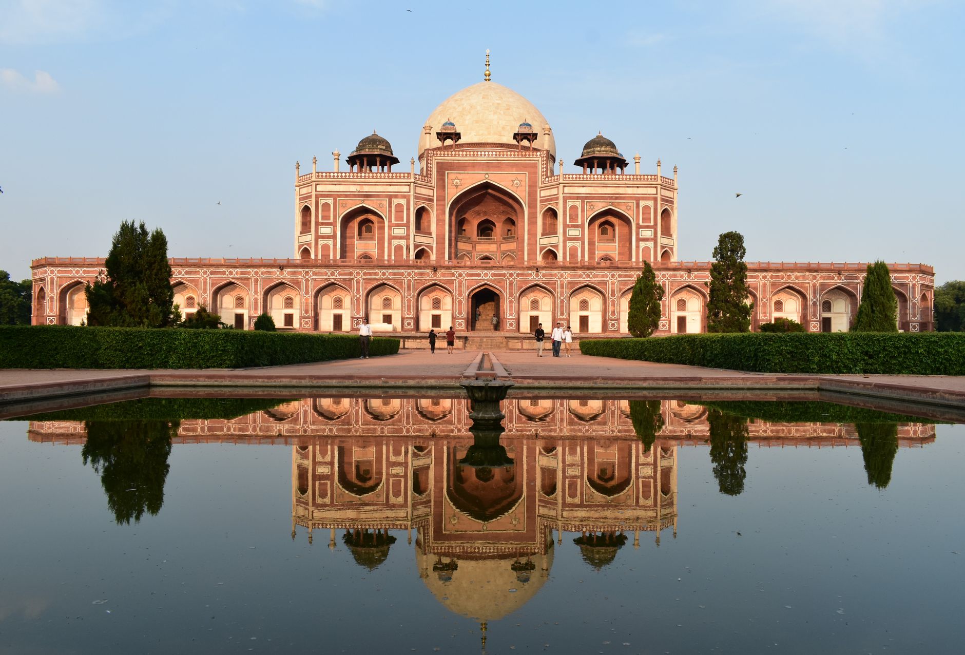 The red sandstone and white marble dome of Humayun's Tomb above its charbagh garden