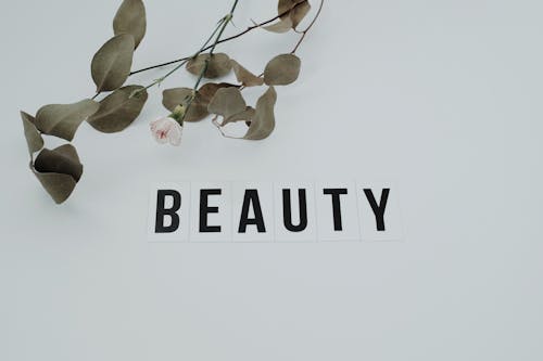 Free Word Beauty Beside Leaves on White Surface Stock Photo