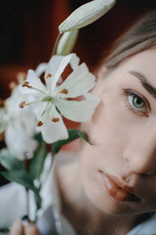 Free Calm young lady enjoying smell of white lilies Stock Photo