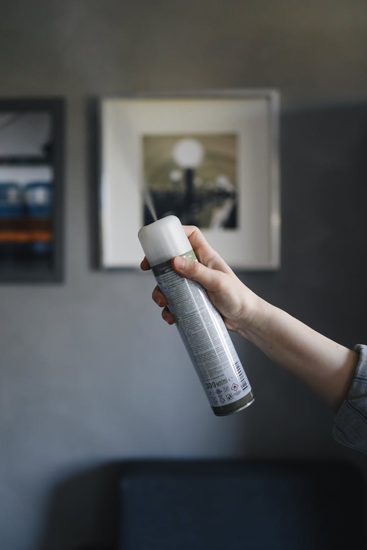 A Person Spraying A Room With A Spray Can