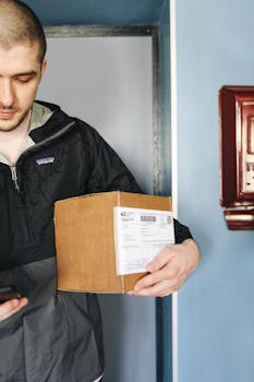 A man holding a cardboard box inside a bright room.