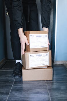 Person arranging cardboard boxes indoors, showcasing delivery logistics.