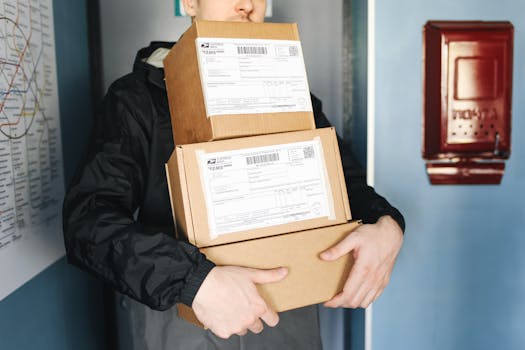 Courier carrying stacked cardboard packages for delivery service indoors.