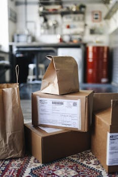 Cardboard boxes and paper bags in an industrial kitchen area, perfect for delivery and commerce themes.