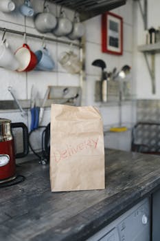 A paper bag labeled 'Delivery' placed on a rustic kitchen countertop with kitchenware in the background.