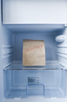 Brown paper bag labeled 'Delivery' inside an empty refrigerator.