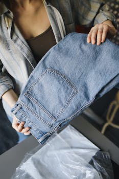 Close-up of a woman holding a folded pair of denim jeans, highlighting casual fashion.