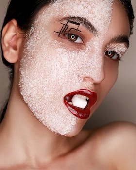 Artistic portrait of a woman with sugar face mask and bold red lipstick highlighting beauty and creativity.