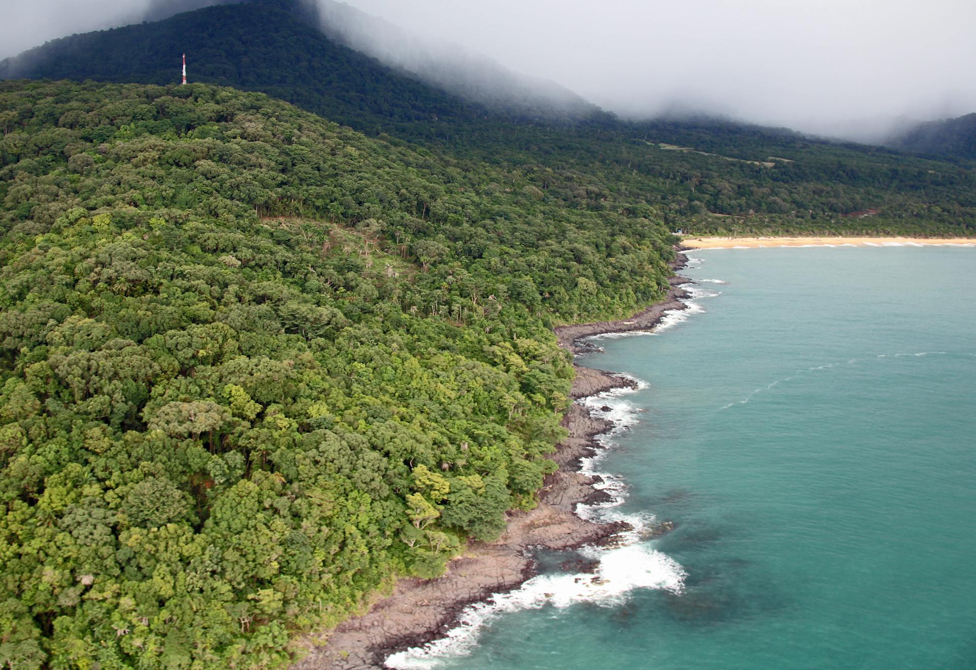 Aerial view of lush green forested hills meeting the scenic coastline of Sierra Leone.