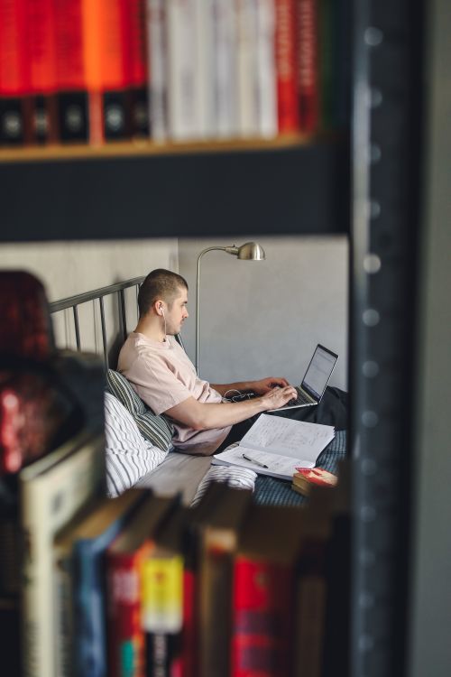 Free A young man focused on typing on his laptop in a cozy home environment with books. Stock Photo
