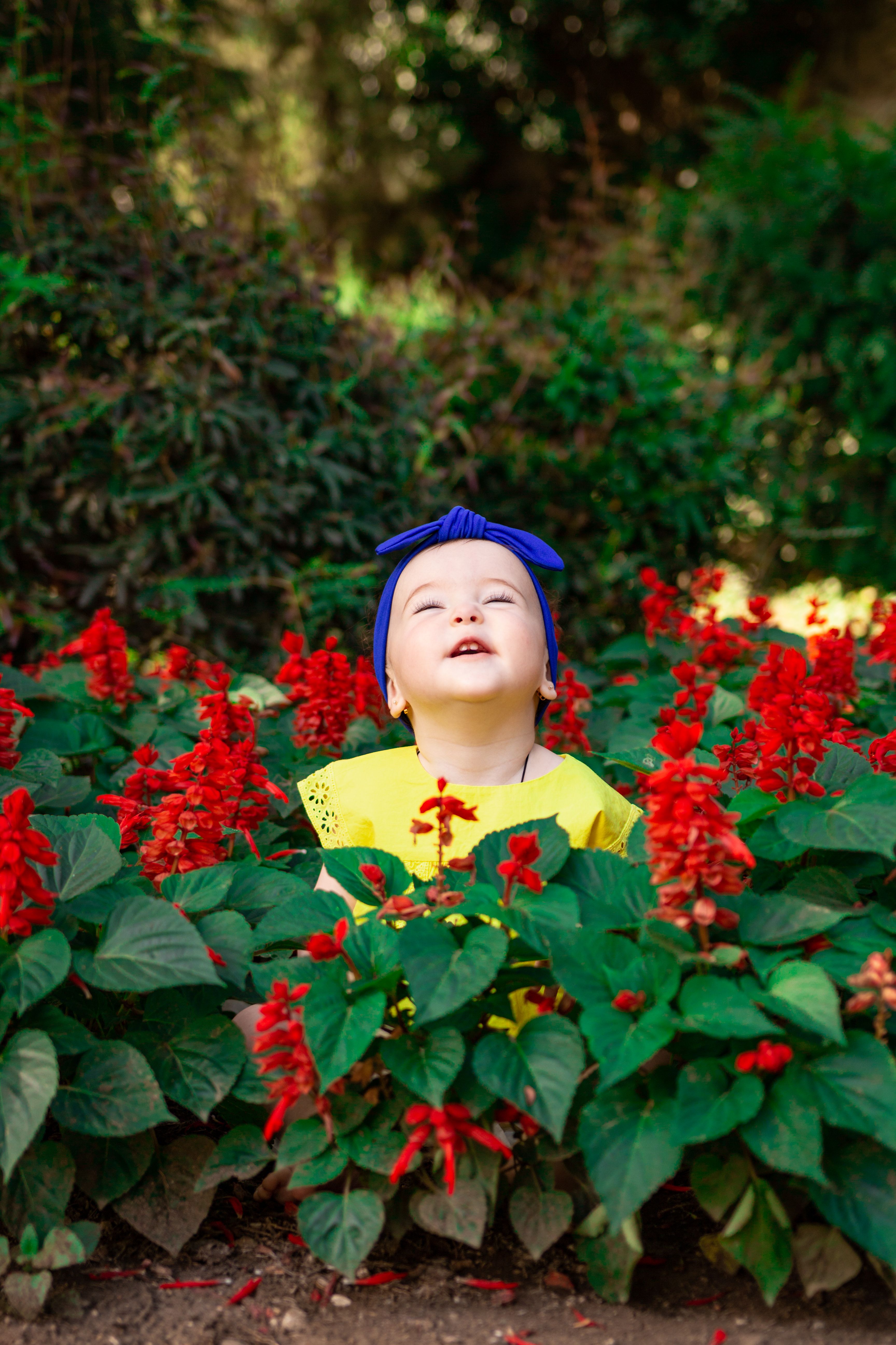 在阳光明媚的花园里，小孩子闭着眼睛，享受红花间的户外生活