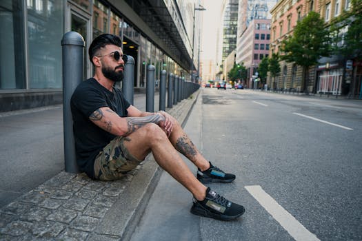Side view of full body of bearded ethnic man in casual wear and sunglasses resting on sidewalk while sitting at pavement near road in city street