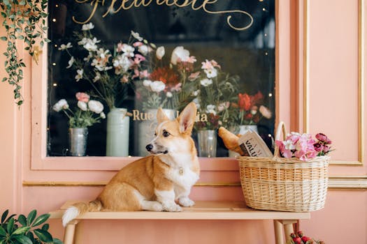 一只可爱的柯基犬带着一篮鲜花和法棍面包，坐在花店外面