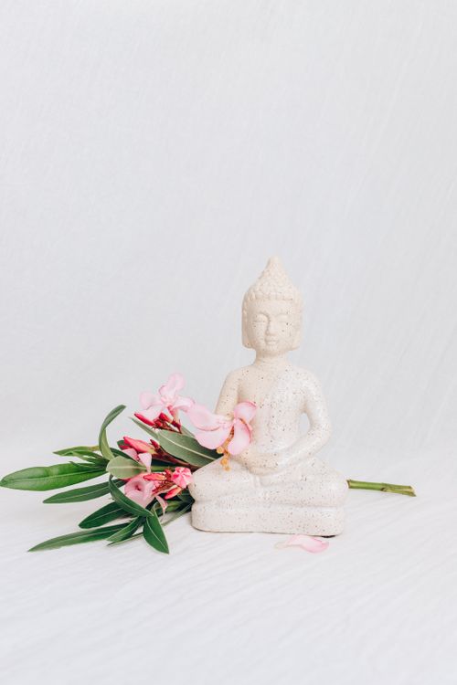 Free Elegant white Buddha sculpture adorned with pink flowers, creating a serene and peaceful still life on a white backdrop. Stock Photo