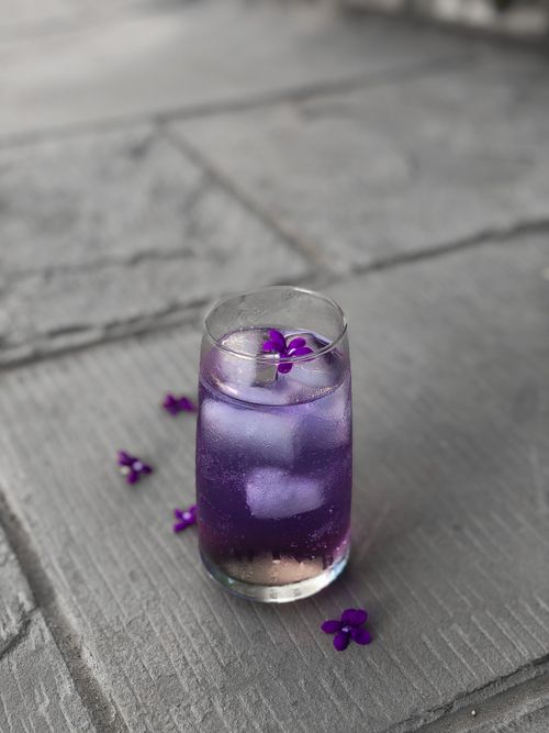 Free A vibrant purple iced beverage garnished with lilac flowers, perfect for a refreshing summer treat. Stock Photo
