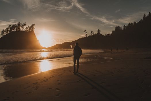 日落时分，海滩上一个人的剪影，构成了戏剧性的沿海景观