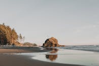 日落时分宁静的海滩景色，以天然岩石和海浪为特色，非常适合旅行爱好者